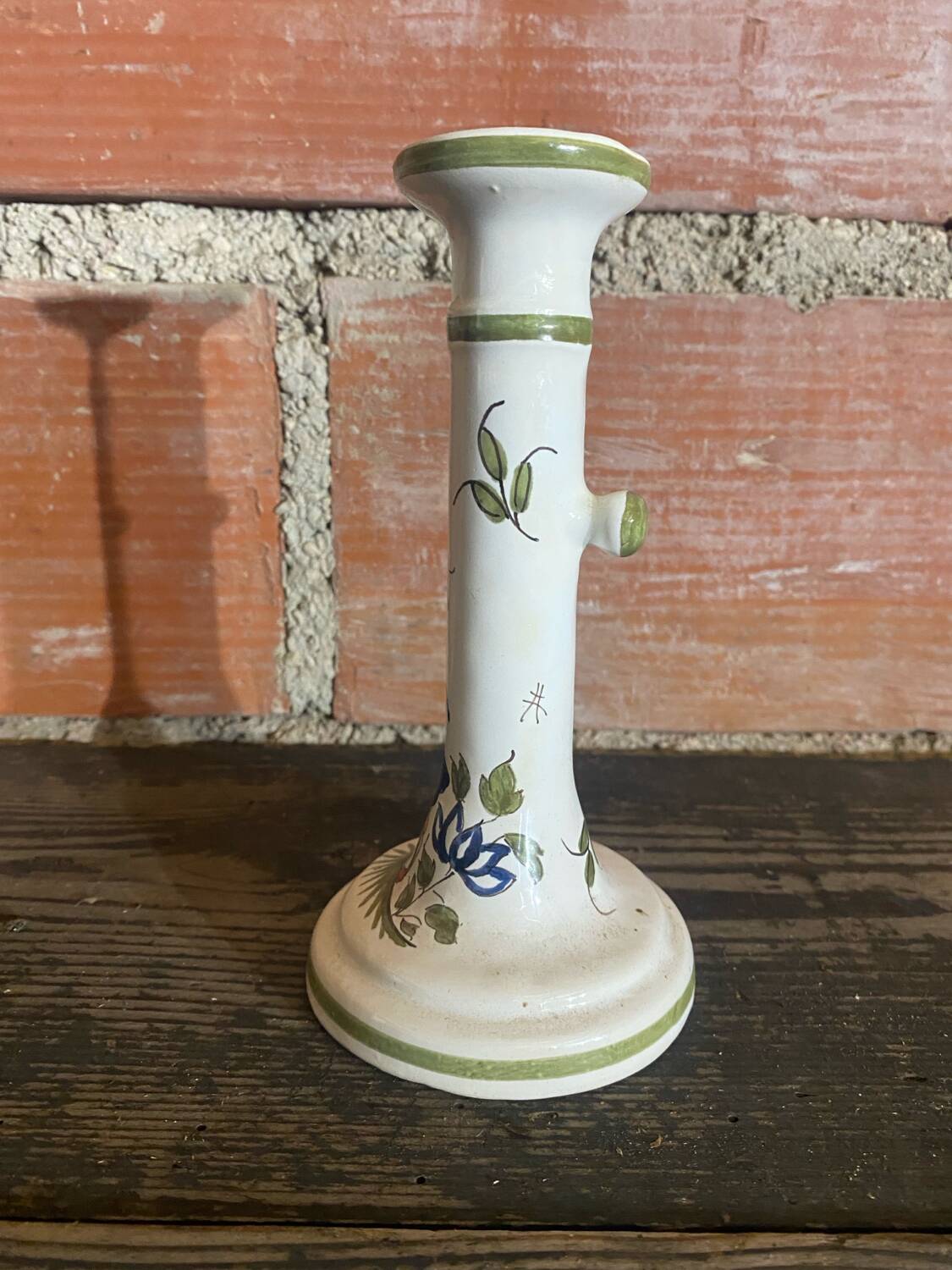 Antique Moustiers Candlestick, White Ceramic, Vintage Painted Decor #C875