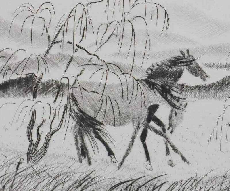 Camille combe: manes in the wind, original signed engraving