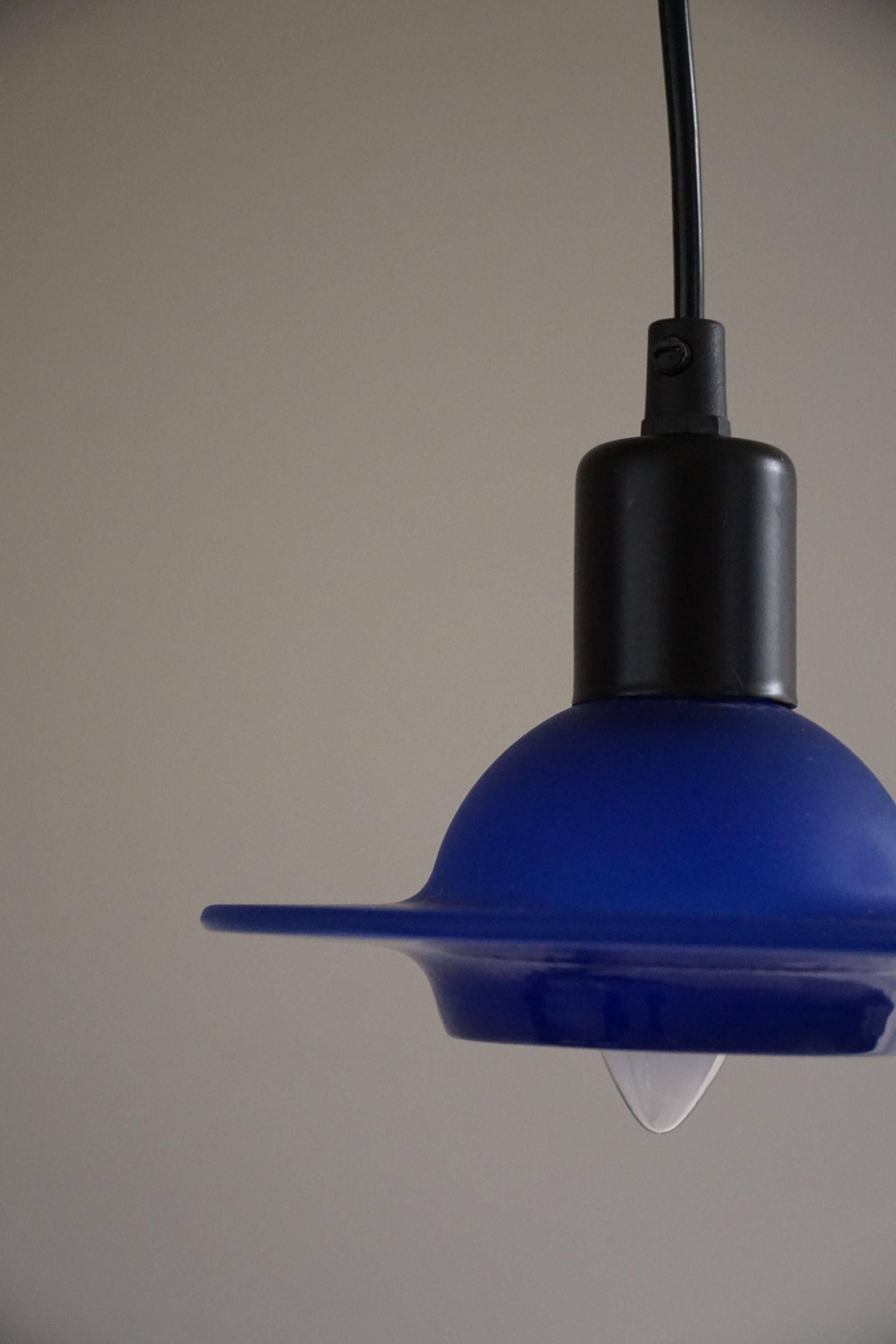 Set of 4 vintage blue glass pendants, made by Design Light A/S, Denmark, 1990s.