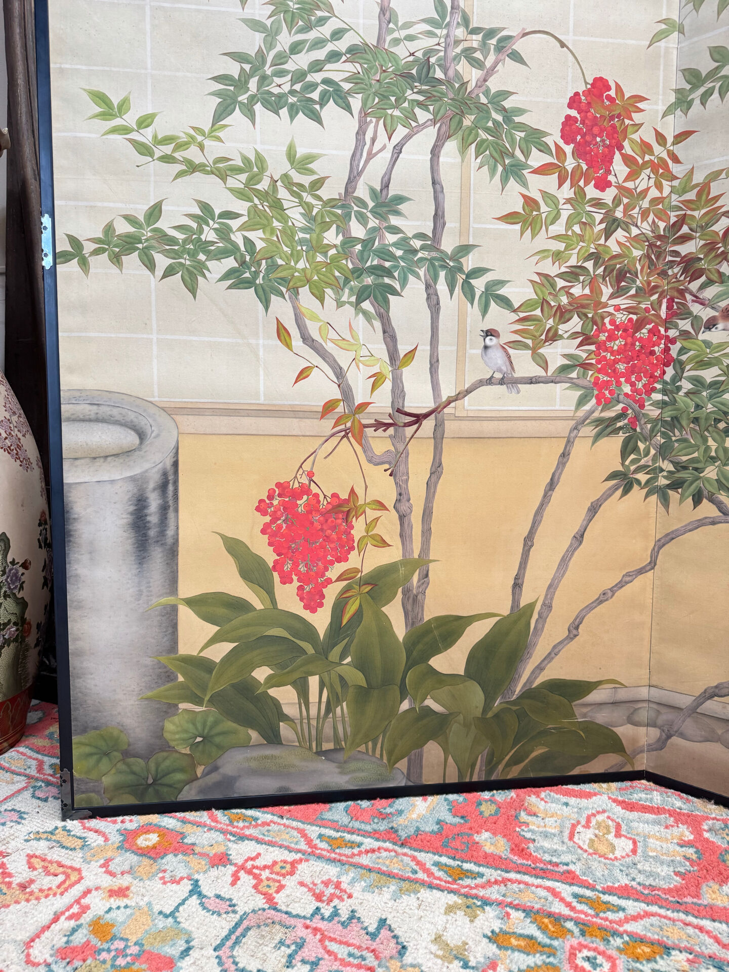 Two-panel screen with a decoration of plants and birds, Japan.