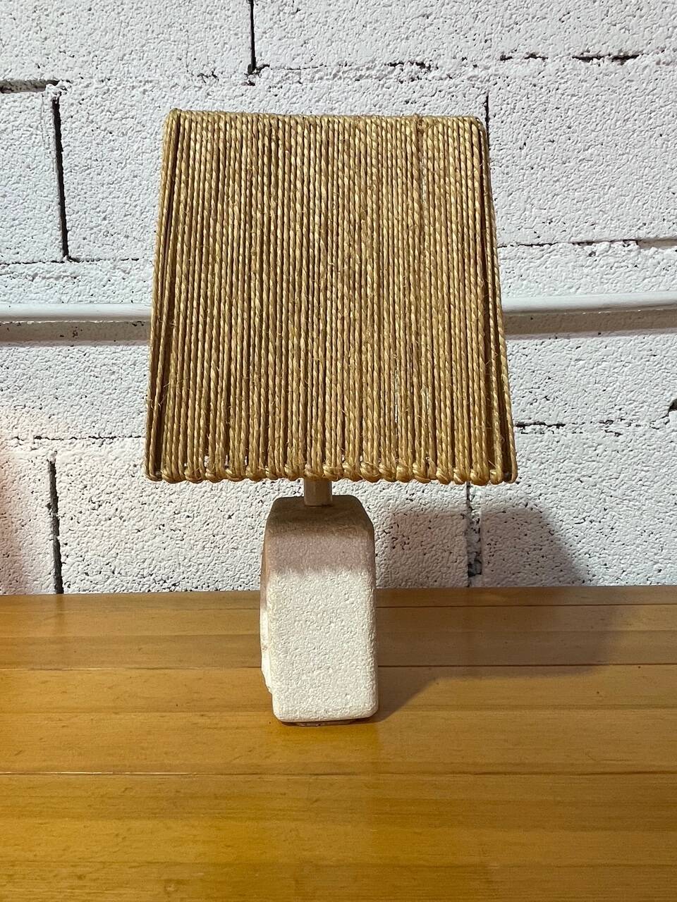 Vintage stone lamp with a cord lampshade from the 1970s.