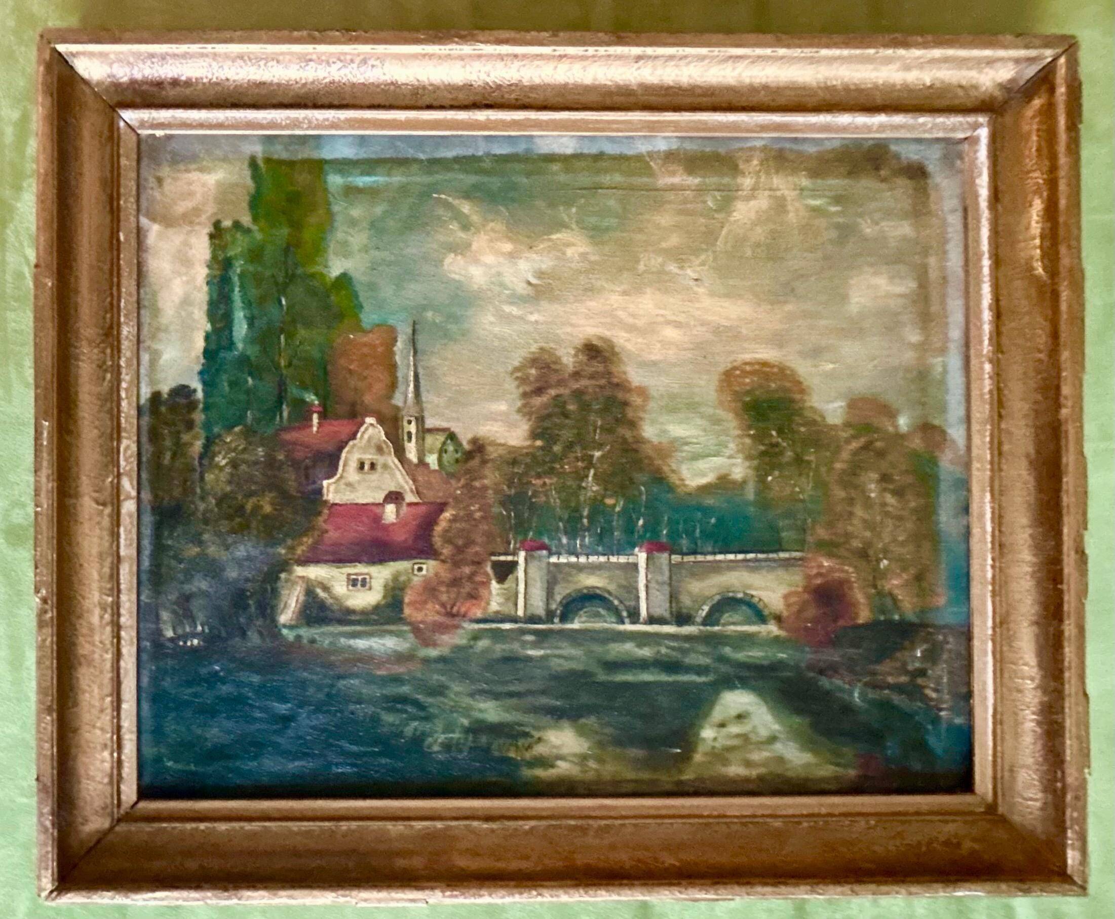 1860s French Barbizon Oil on Canvas – Village Bridge & Riverscape