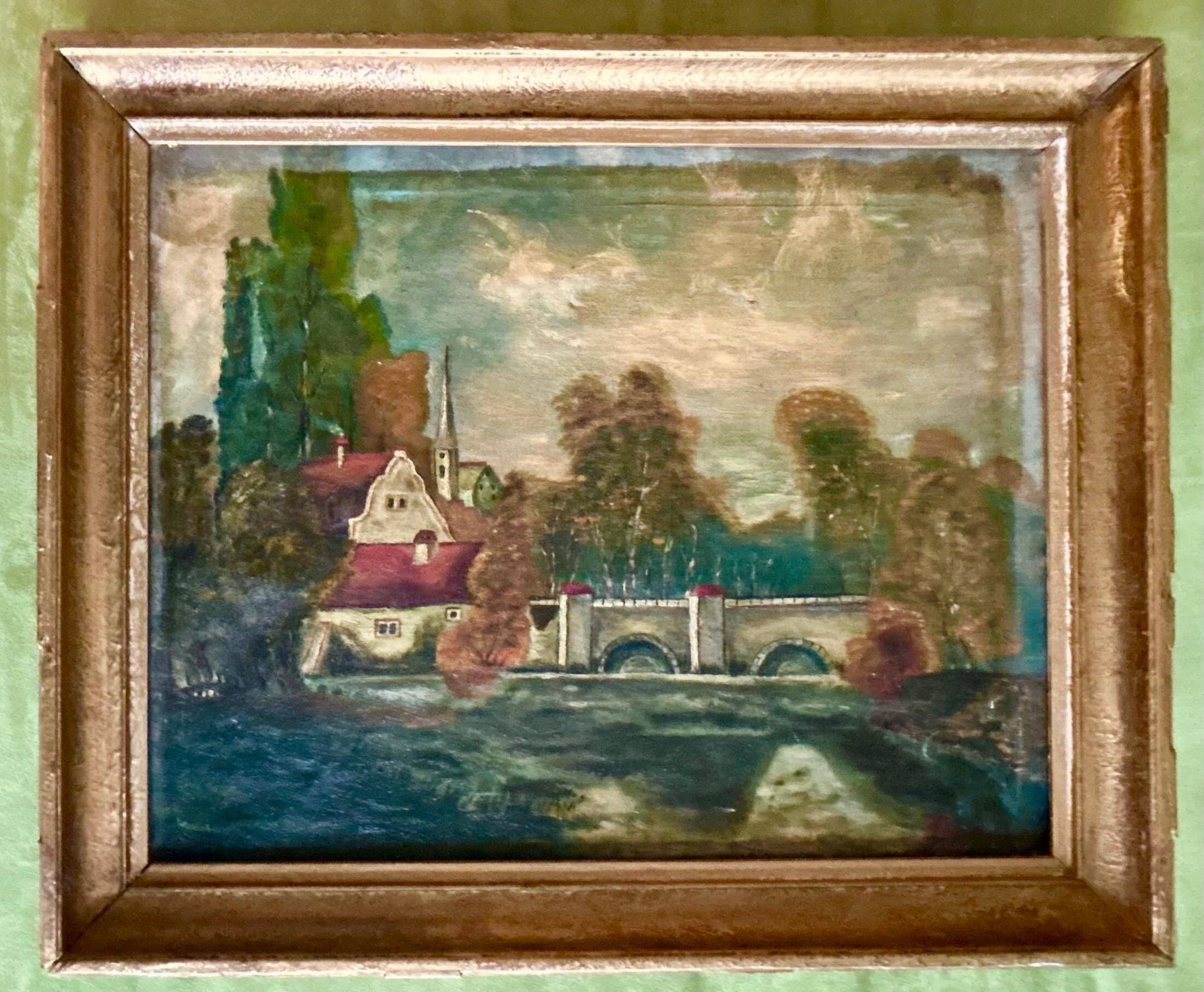 1860s French Barbizon Oil on Canvas – Village Bridge & Riverscape