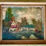 1860s French Barbizon Oil on Canvas – Village Bridge & Riverscape
