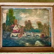 1860s French Barbizon Oil on Canvas – Village Bridge & Riverscape