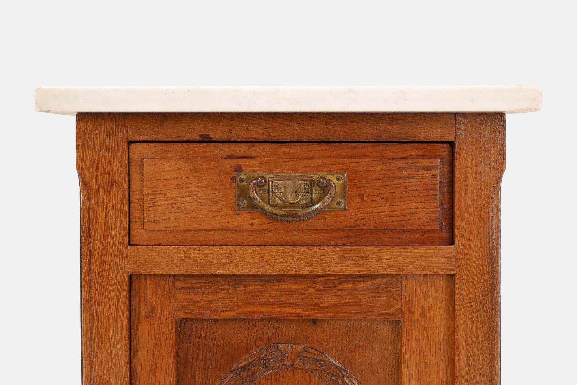 Art Deco Nightstand in Oak with Carrara Marble Top, France 1930s