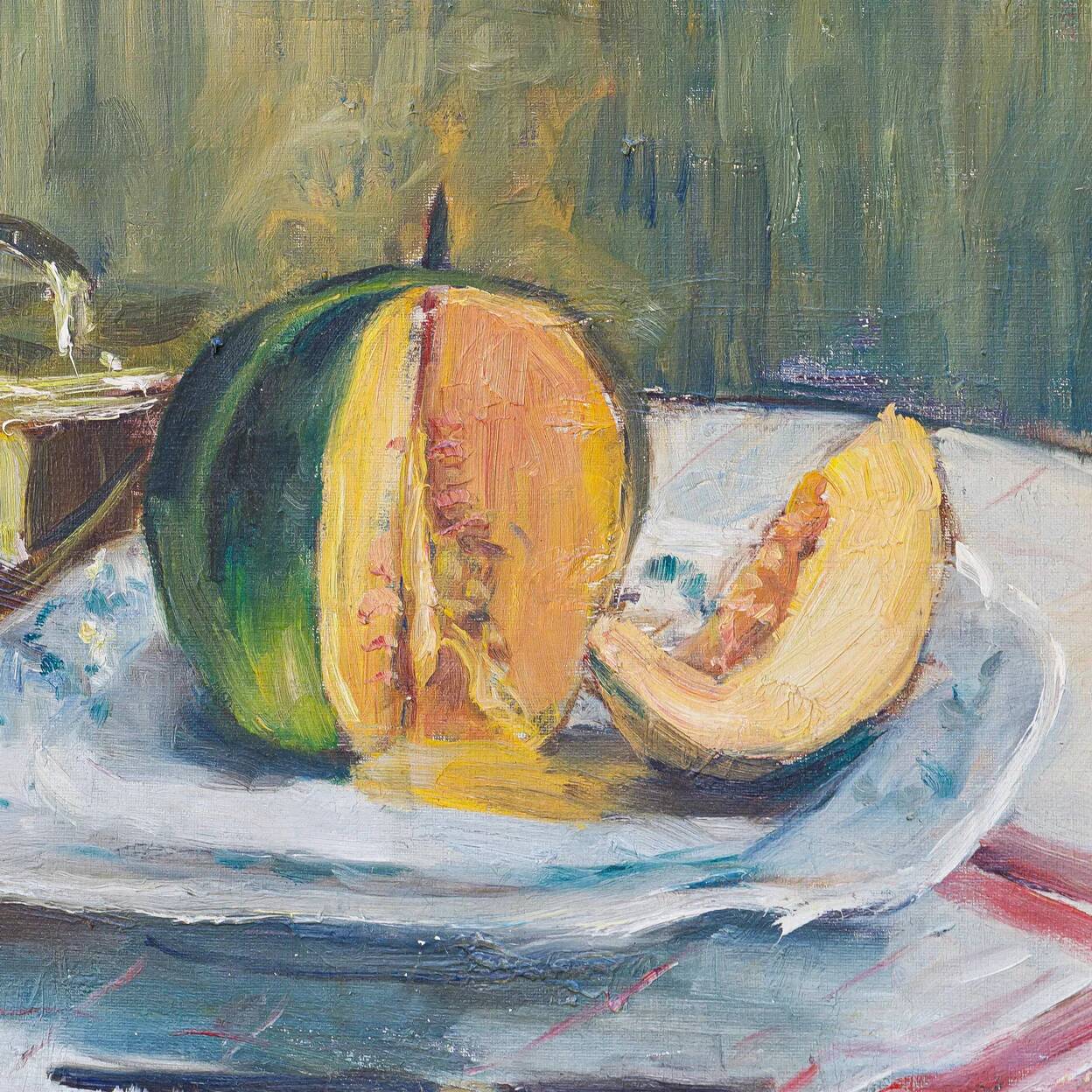 Set of oil paintings "Asparagus & eggs" and "Melon" by Alexandre Denonne