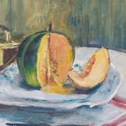 Set of oil paintings "Asparagus & eggs" and "Melon" by Alexandre Denonne