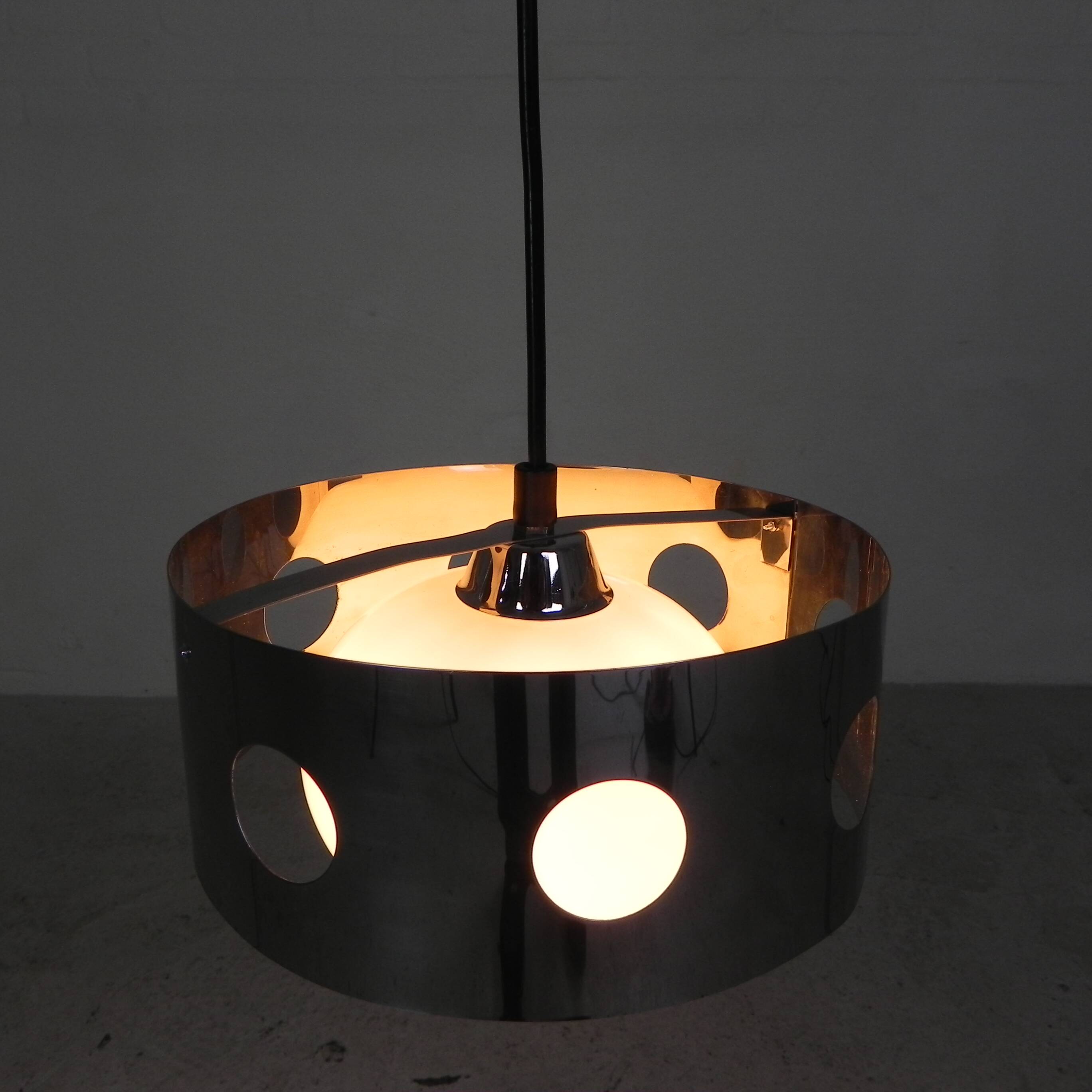 Vintage pendant lamp with chrome cylinder and glass globe