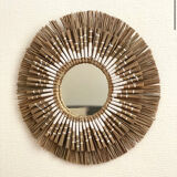 White bohemian raffia rattan and macrame sun mirror 40cm