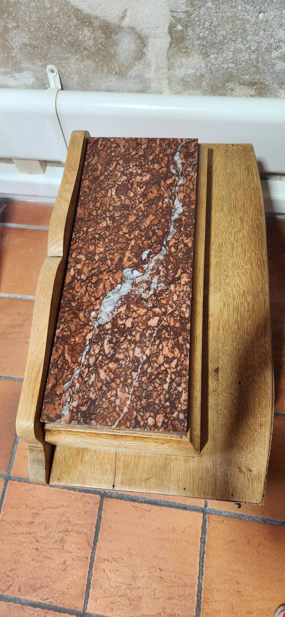 wood and marble bedside table revamped in terracotta