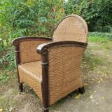 Paire de fauteuils en bois et rotin 1980