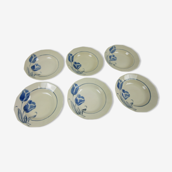 Set of 6 hollow plates Digoin Sarreguemines decorated with tulip