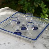 Rare liqueur service (with carafe of whiskey and small glasses) with blue and yellow borders