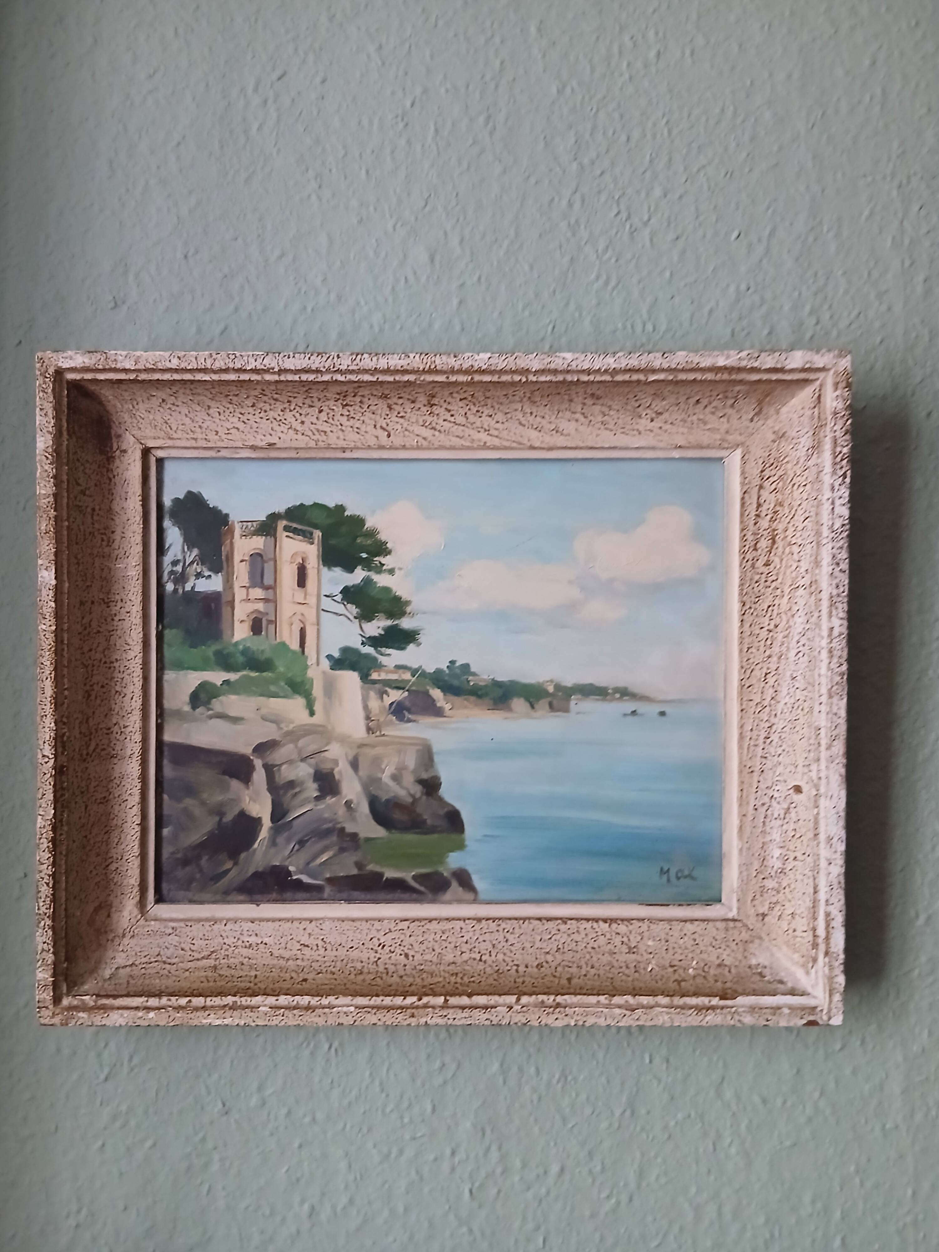Vintage painting of a coastal landscape with a solitary fisherman.