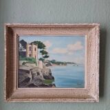 Vintage painting of a coastal landscape with a solitary fisherman.