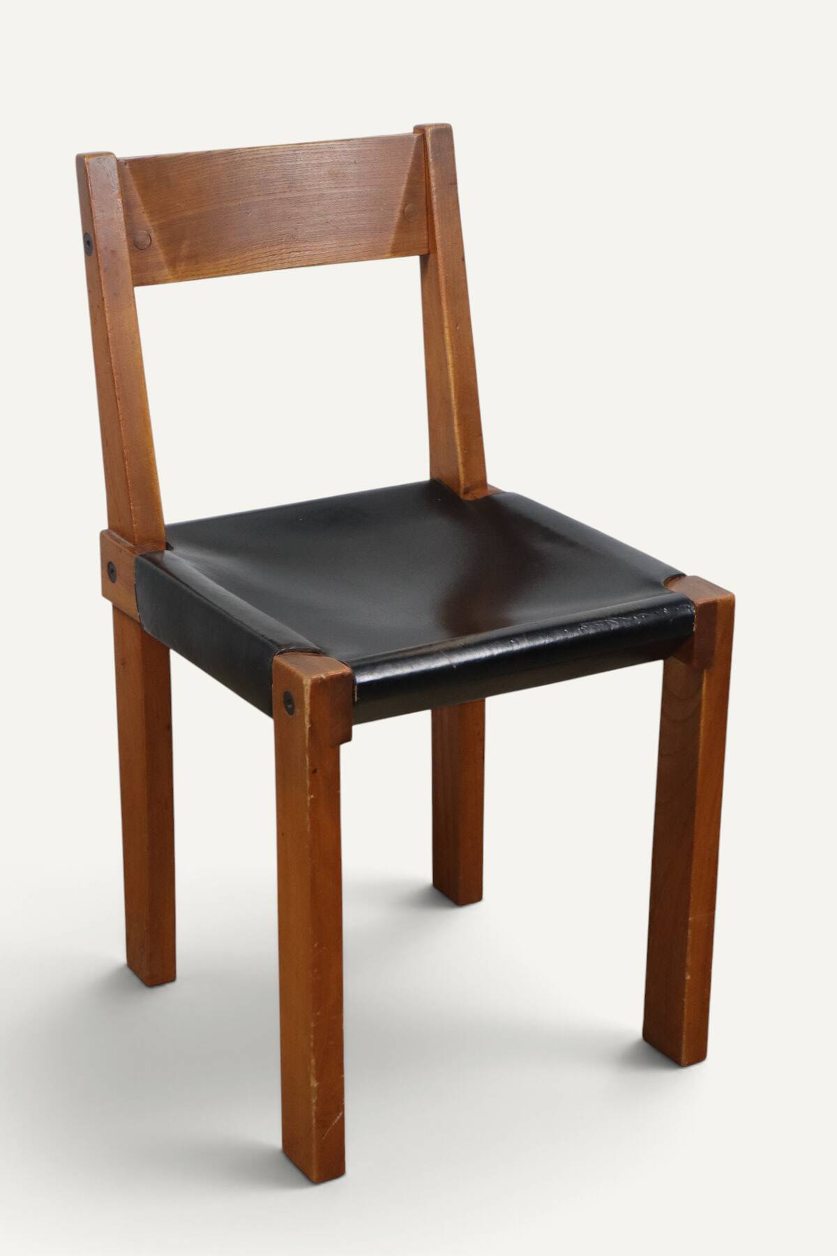 Chair S24 by Pierre Chapo – Solid elm and black leather – 1970