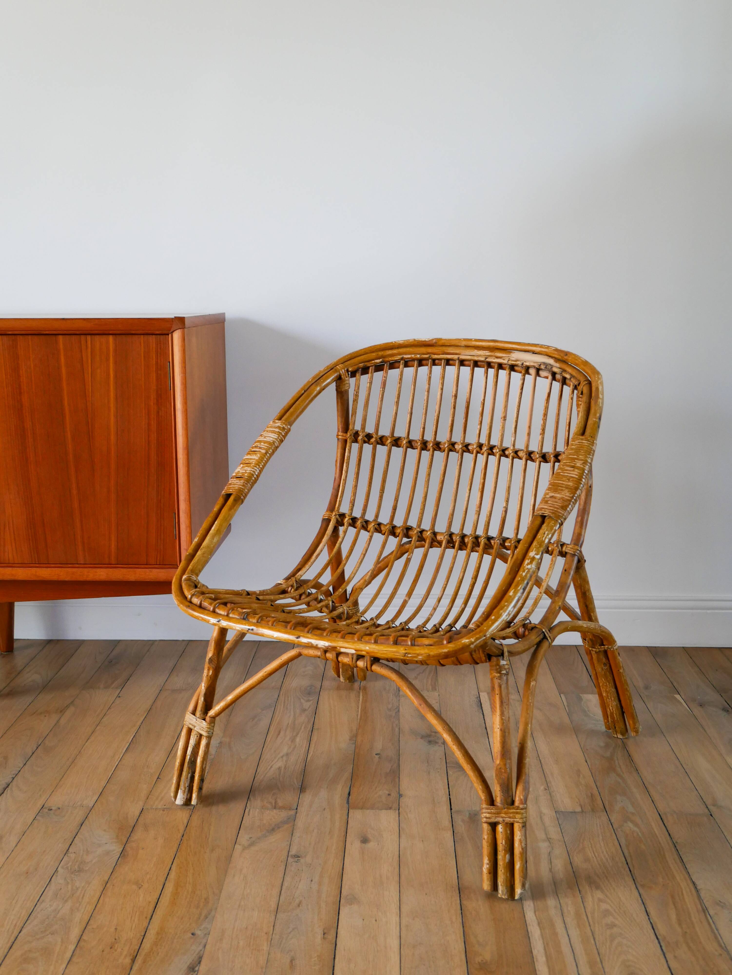 Shell armchair in rattan and bamboo, early 20th century