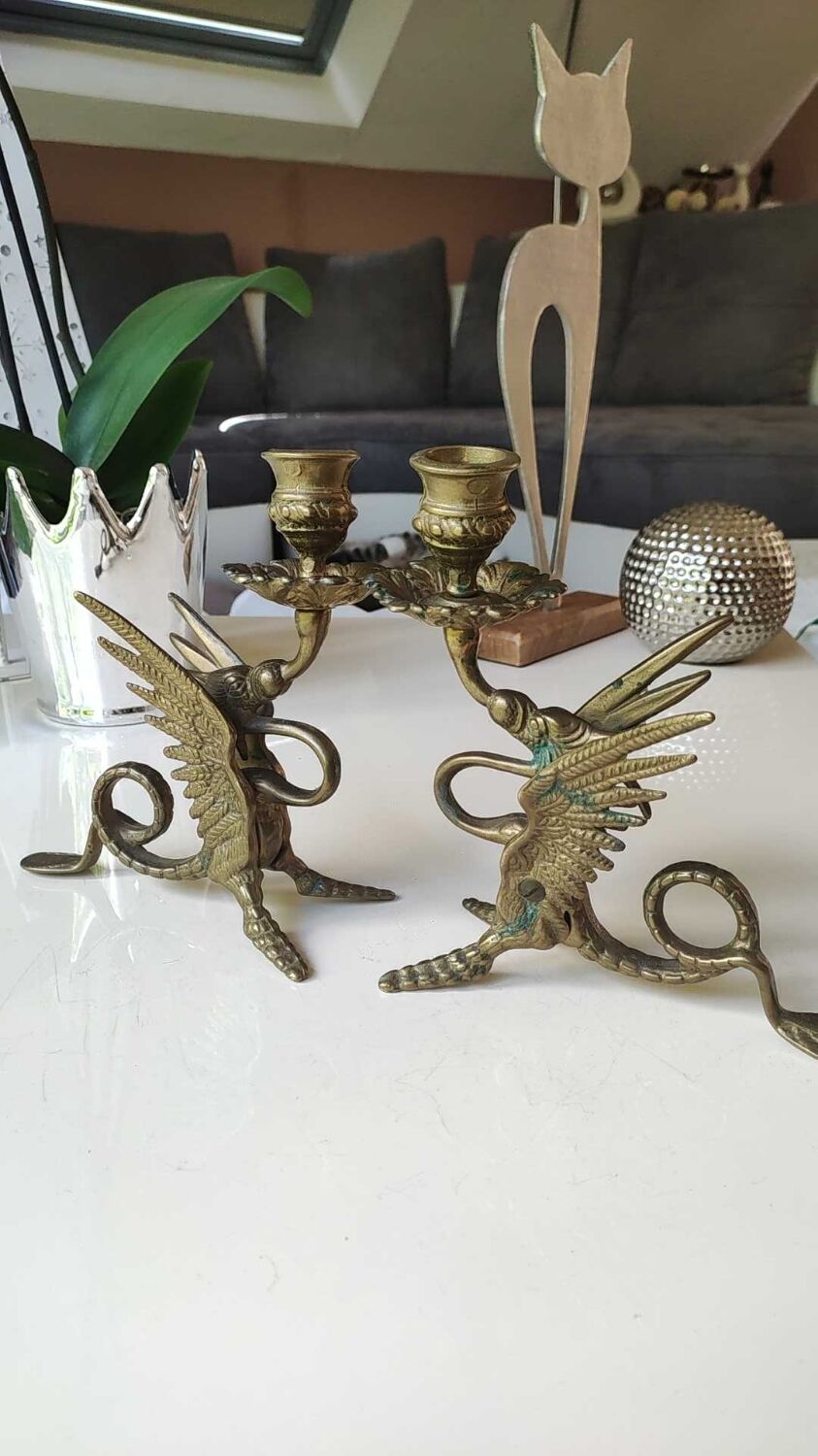 Pair of bougeoirs antiques dragons winged / chimeras / phoenix, style napoleon iii, 19th. in gilded bronze