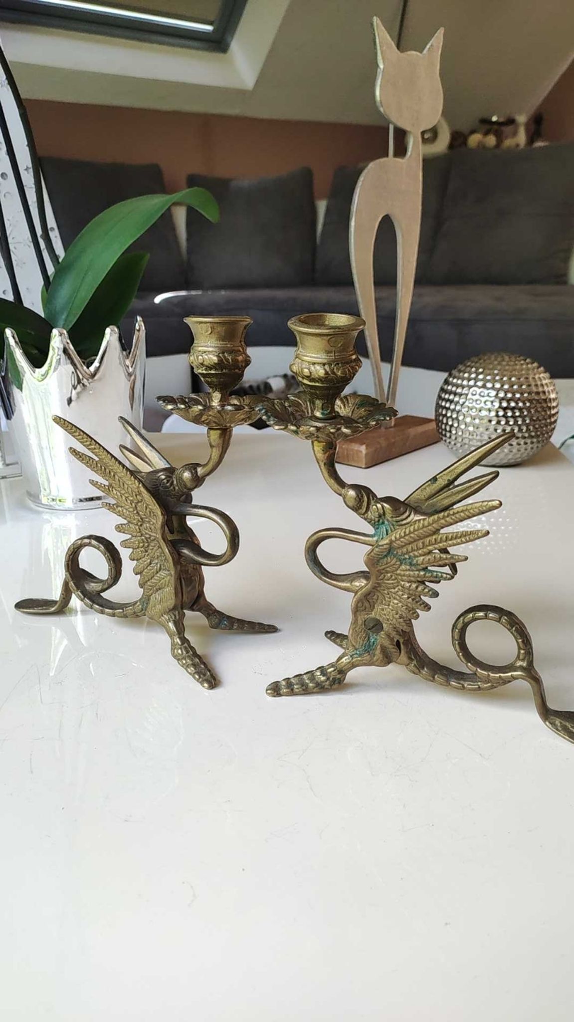 Pair of bougeoirs antiques dragons winged / chimeras / phoenix, style napoleon iii, 19th. in gilded bronze