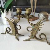 Pair of bougeoirs antiques dragons winged / chimeras / phoenix, style napoleon iii, 19th. in gilded bronze