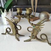 Pair of bougeoirs antiques dragons winged / chimeras / phoenix, style napoleon iii, 19th. in gilded bronze