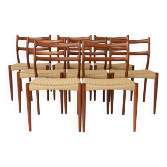 8 chaises Søren Ladefoged, teck, années 1960, siège en corde de papier, chaises de salle à manger, lot de 8