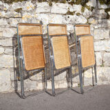 Set of 3 folding chairs in rattan and chromed metal, vintage chair, design, 60's