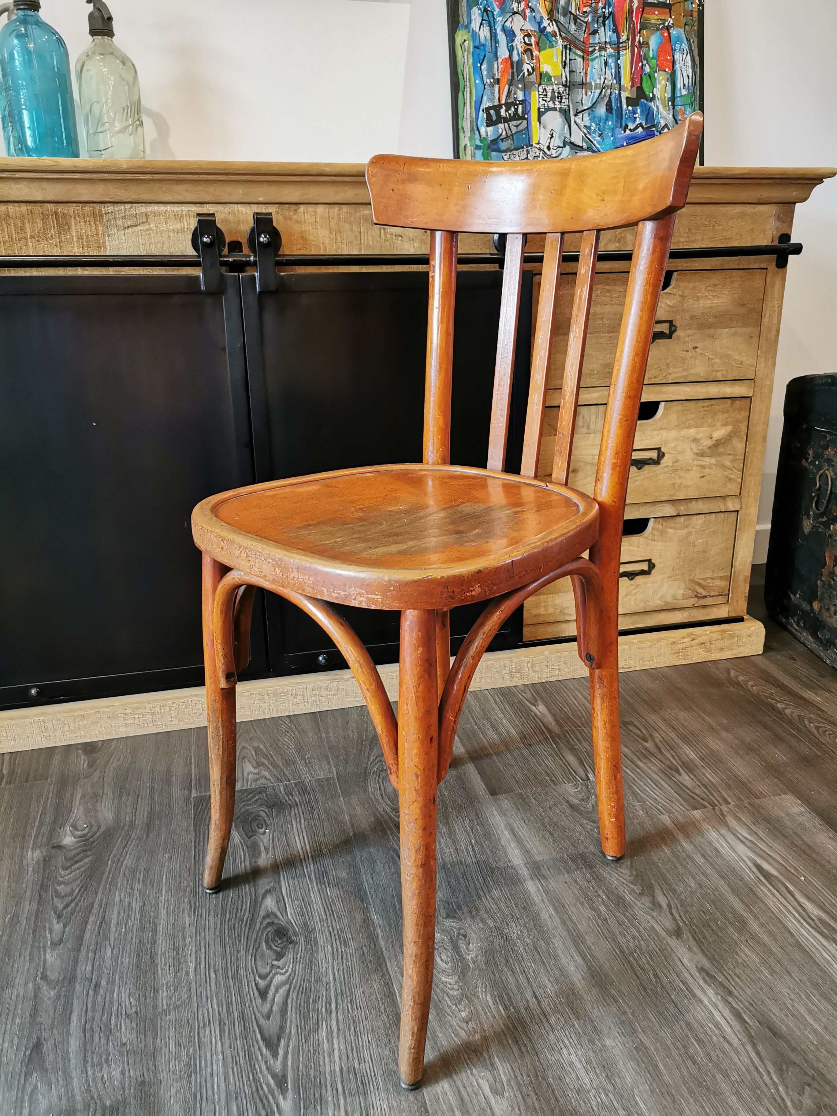 Series of 6 mismatched bistro chairs Baumann and Mahieu
