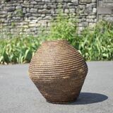 Large old basket, burgundy straw and bramble, woven basket