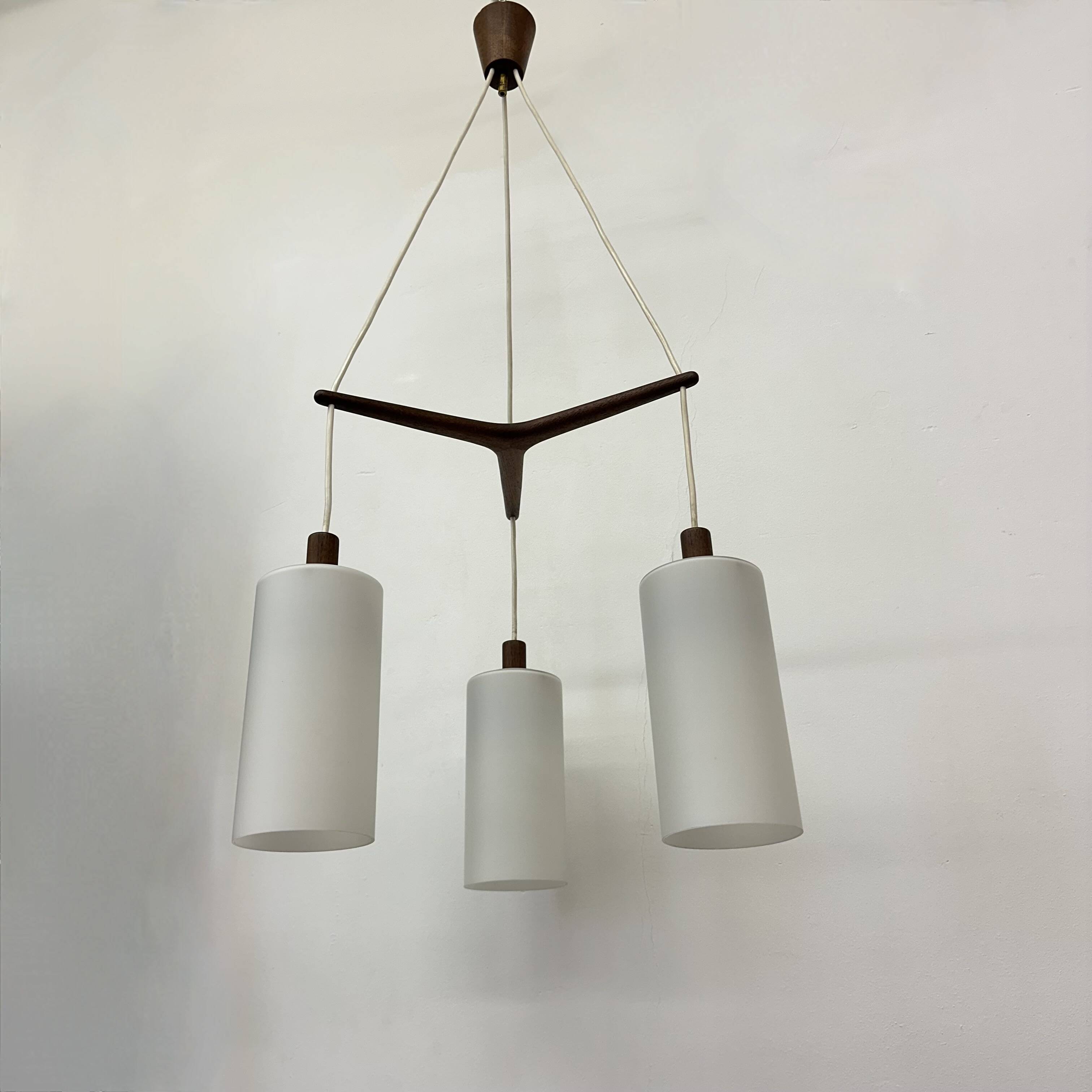 Mid-century design pendant lamp teak and opaline glass , 1970s