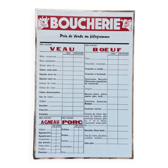 Vintage BOUCHERIE price billboard.