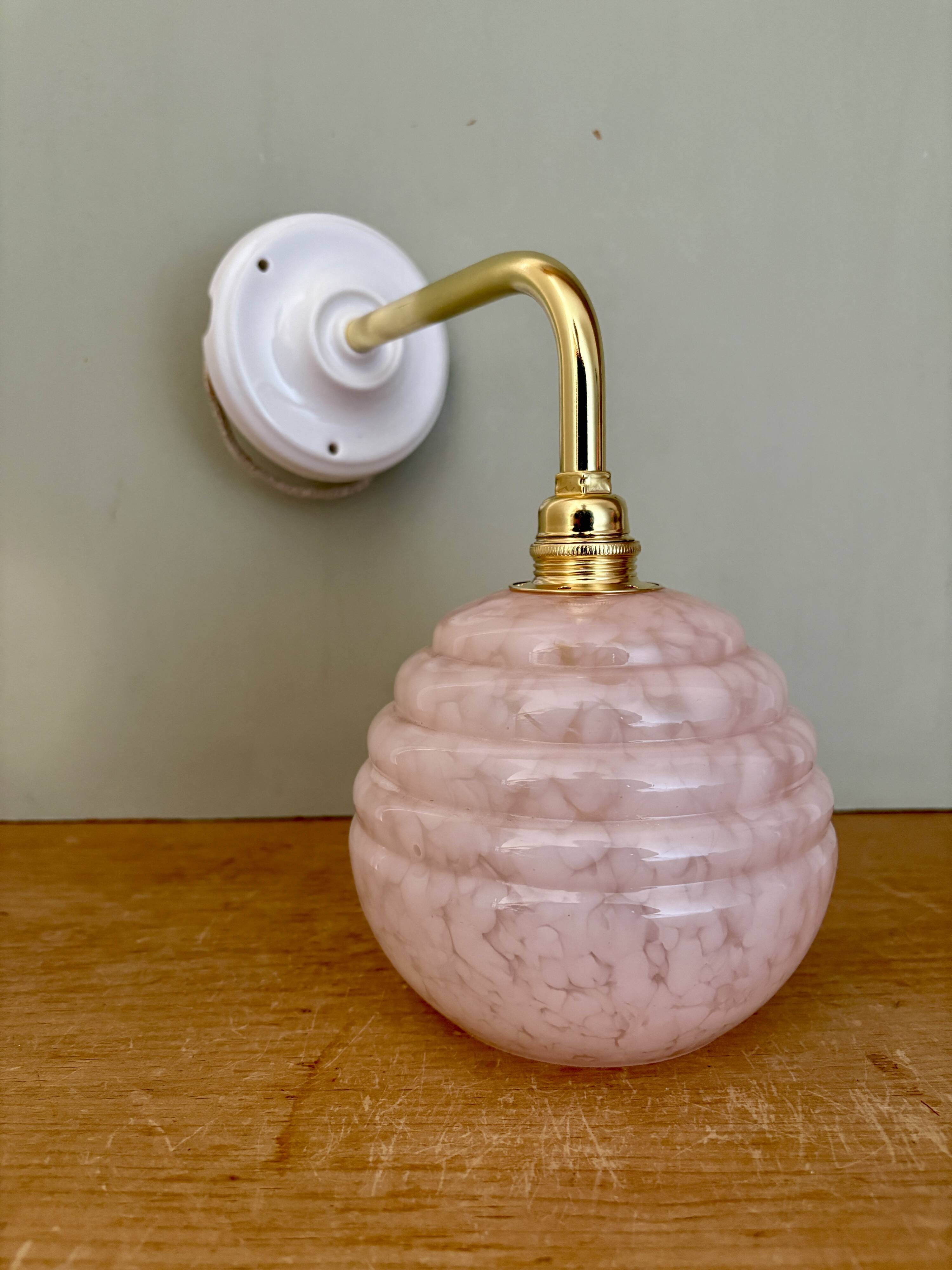Vintage angled globe wall light in pink Clichy glass