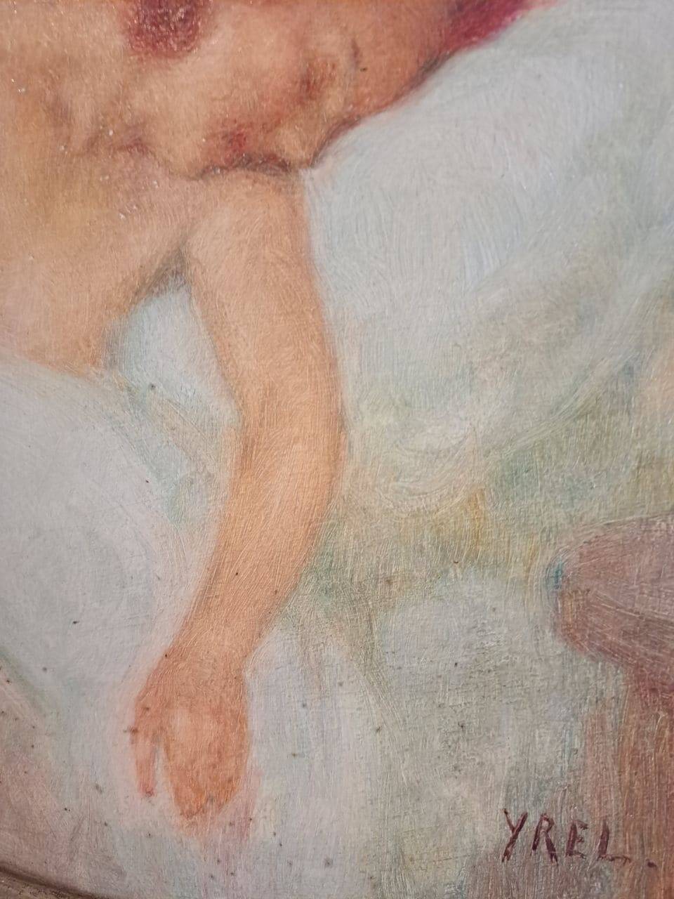Ancient oval painting of a sleeping woman in oil on wood panel.