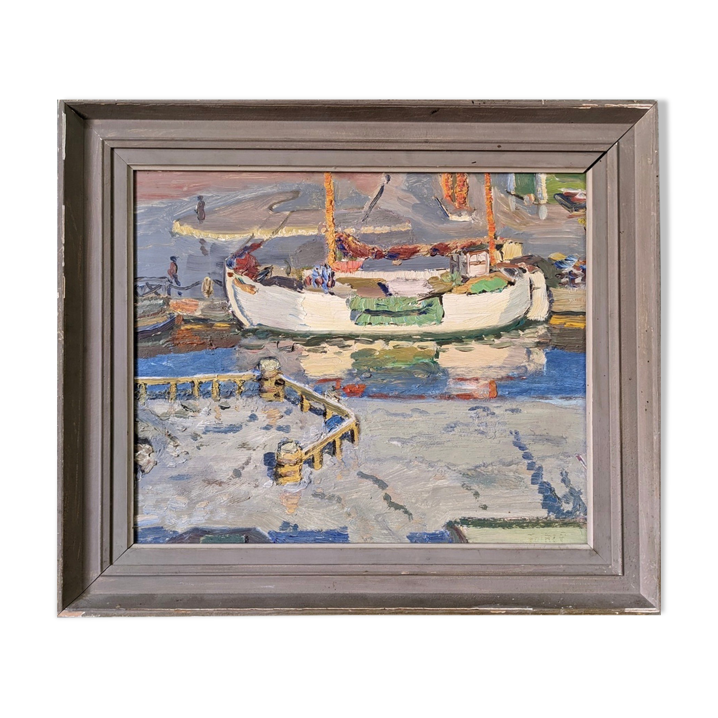 Mid-century modern "the dock" swedish seascape oil painting, framed