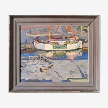 Mid-century modern "the dock" swedish seascape oil painting, framed