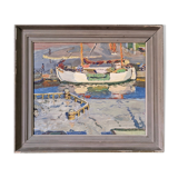 Mid-century modern "the dock" swedish seascape oil painting, framed