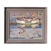 Peinture à l’huile suédoise de paysage marin moderne du milieu du siècle, encadrée