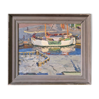 Mid-century modern "the dock" swedish seascape oil painting, framed