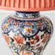 Dutch chinoiserie table lamp in polychrome Delftware, Makkum, with a new coral silk shade