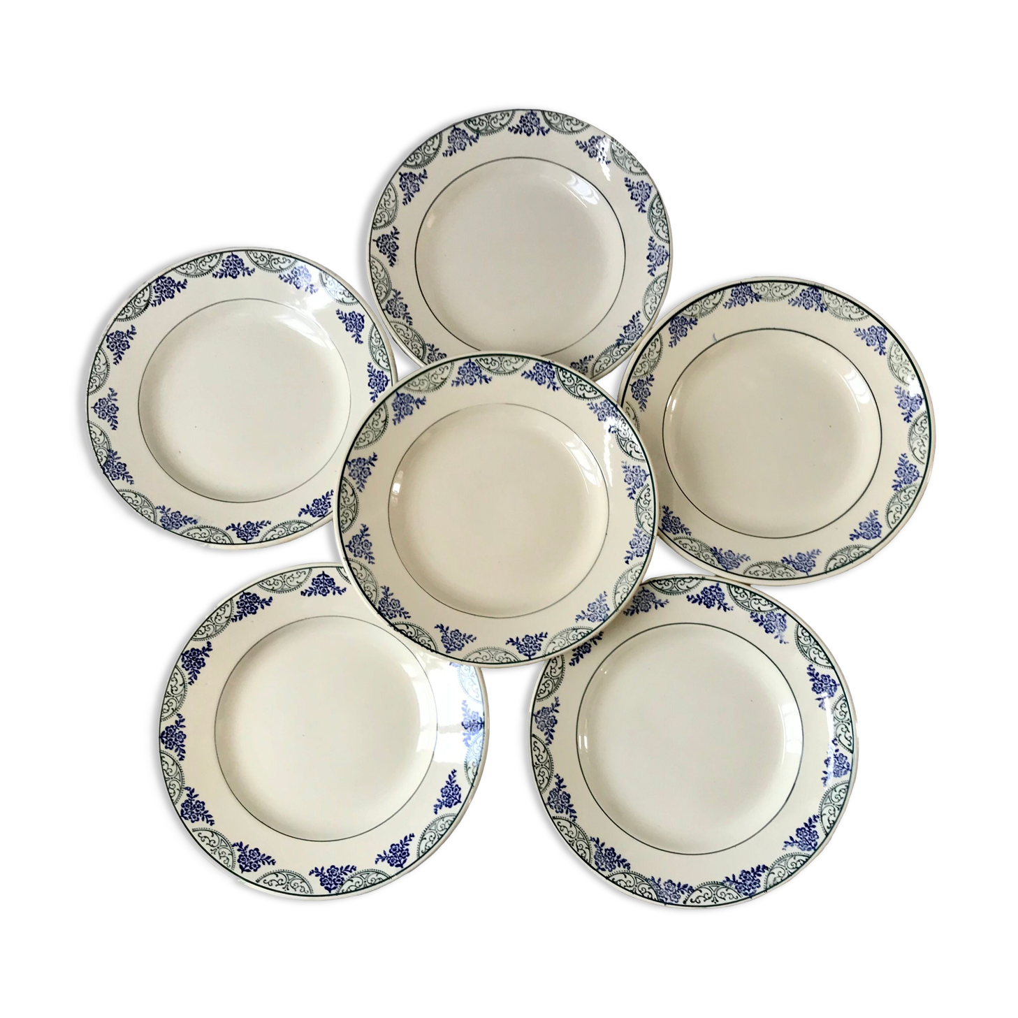 Lot de 6 assiettes plates Terre de Fer Moulins des Loups & Hamage vertes et bleues fin XIXème