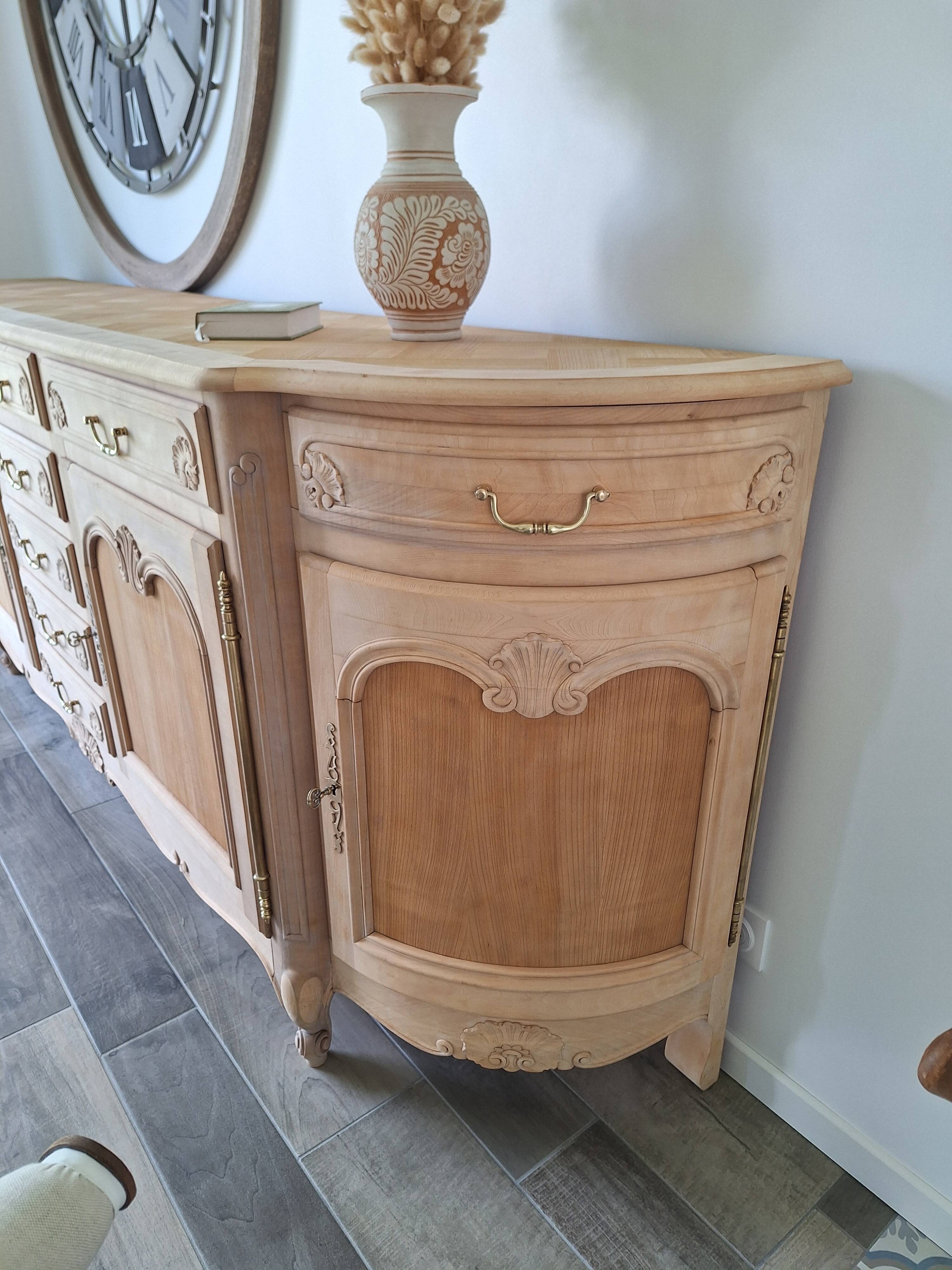 Low buffet in renovated solid cherry wood – Revisited Louis XV style – 250 cm