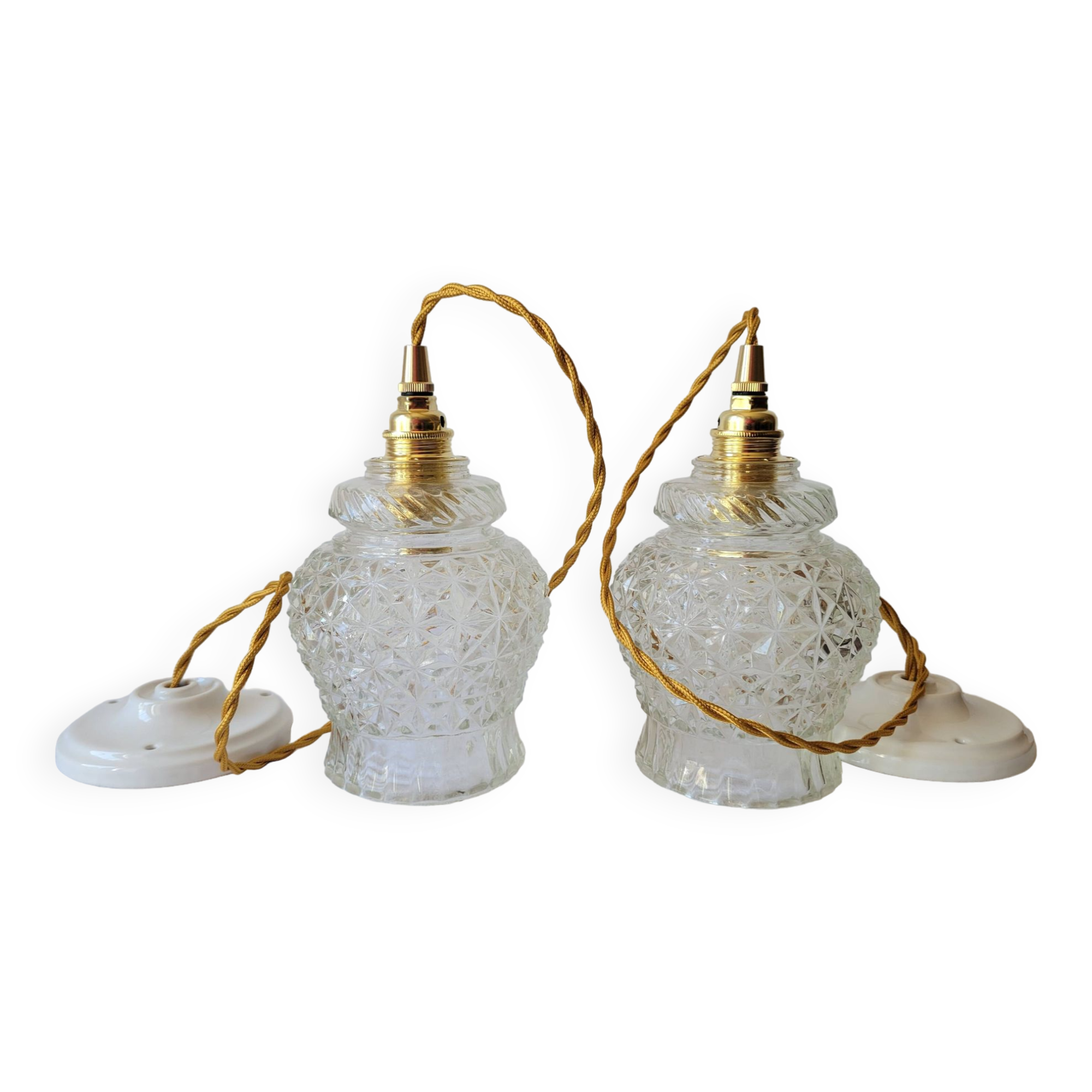 Duo of molded glass pendant lights