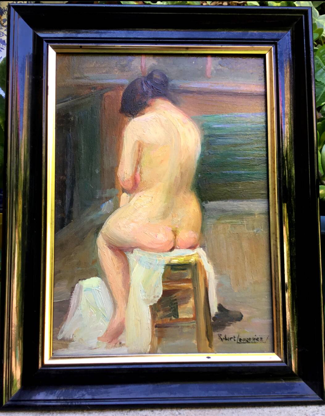 Robert Lemarriez. Nude from behind. Oil on panel, signed and framed.