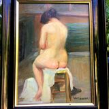 Robert Lemarriez. Nude from behind. Oil on panel, signed and framed.