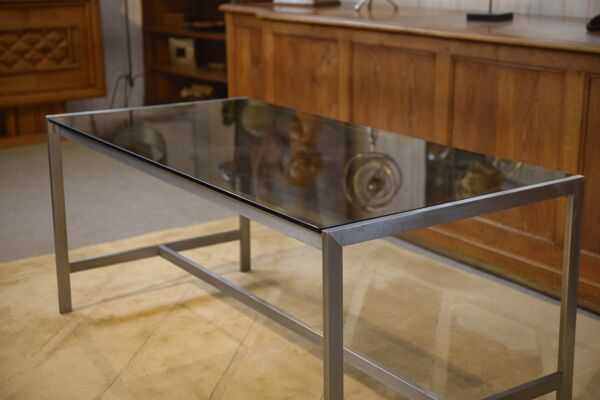 Bureau design en inox brossé et verre fumé noir 1980’s