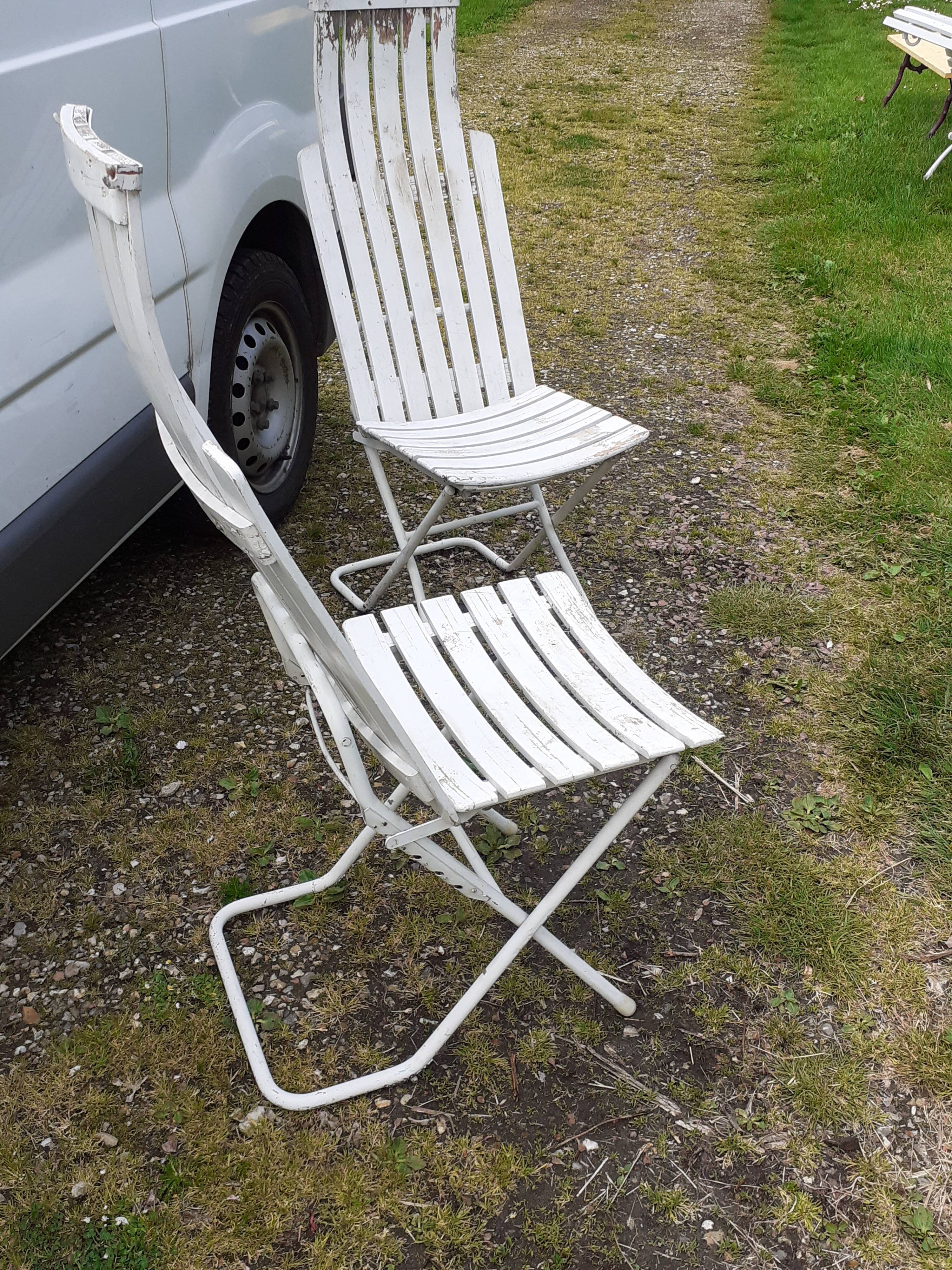 Pair of iron and old wood garden chairs