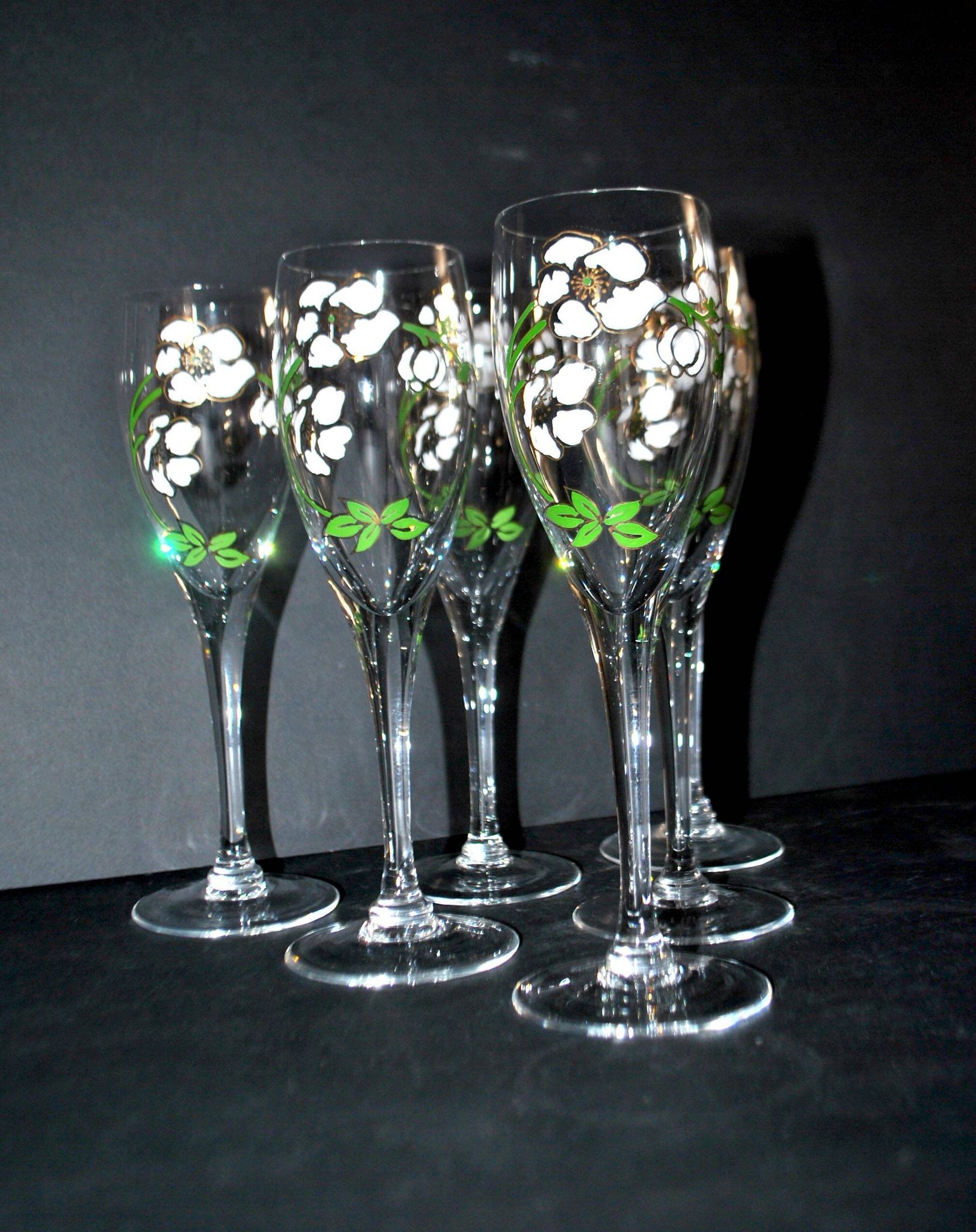 Perrier Jouet set of 6 Anemone Cuvée Belle Epoque champagne flutes in Gallé enamelled crystal