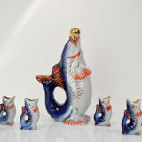 Fish decanter soviet drinking set porcelain fish carafe shots glass,1950's.