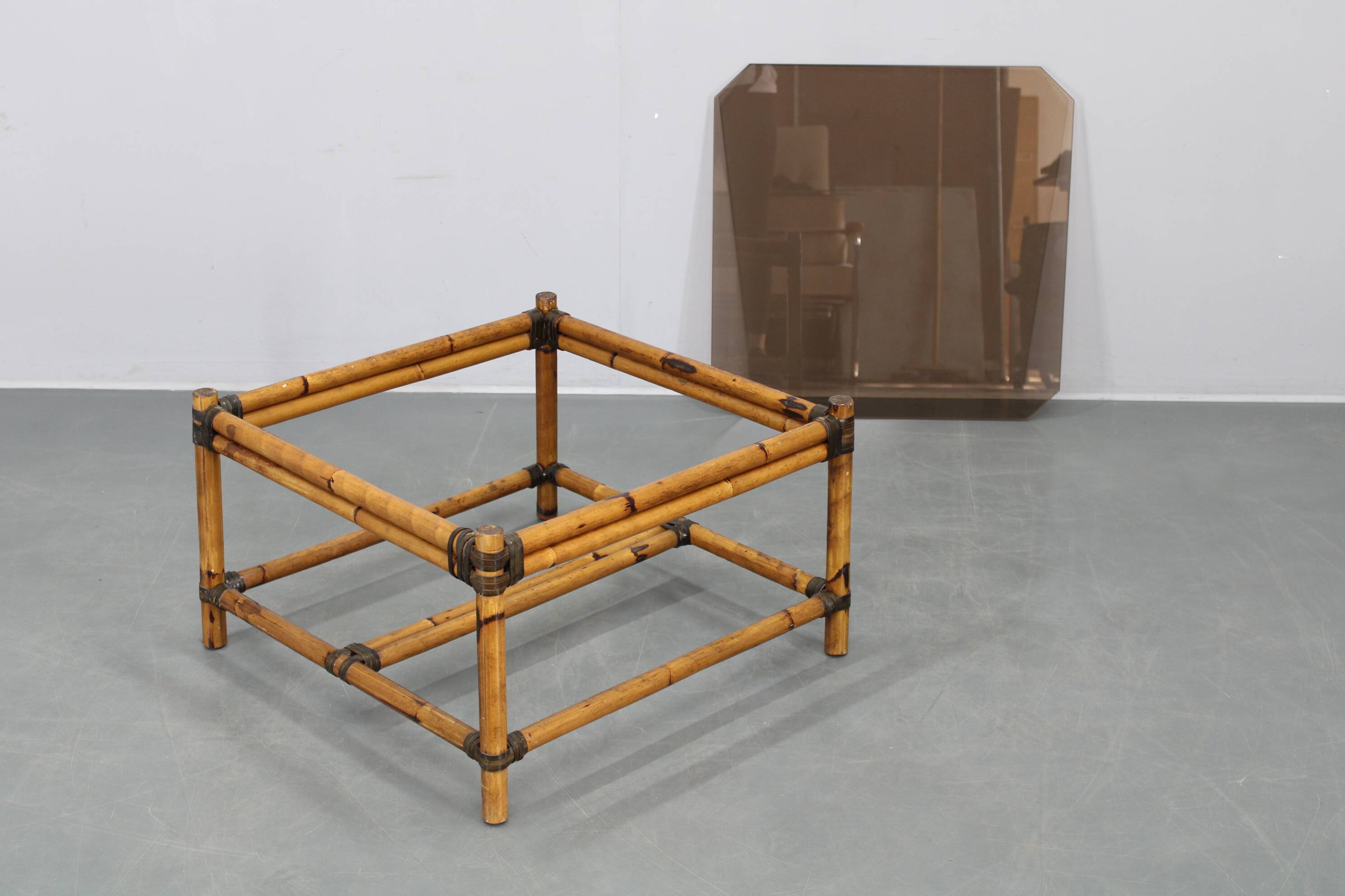 Vintage bamboo coffee table with smoked glass top